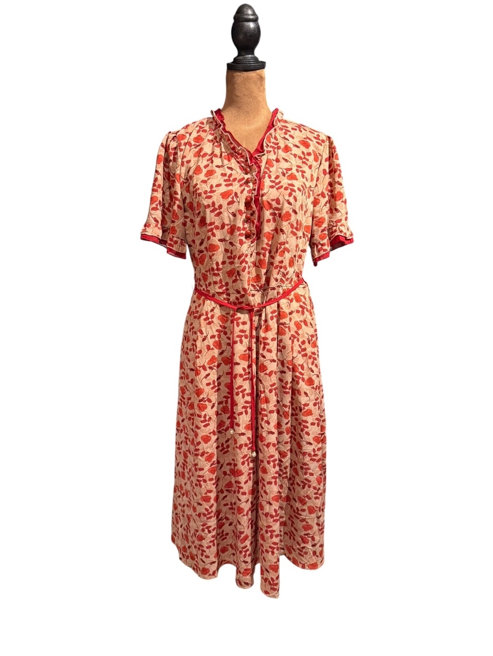 Floral Midi Dress with Ruffle Collar and Belt